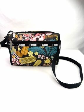LeSportsac Black Wahine Hawaiian Exclusive Floral Pineapple Crossbody Bag